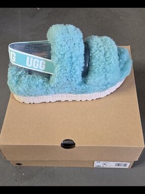 UGG Teal Fluff Slide with Branded Heel Strap